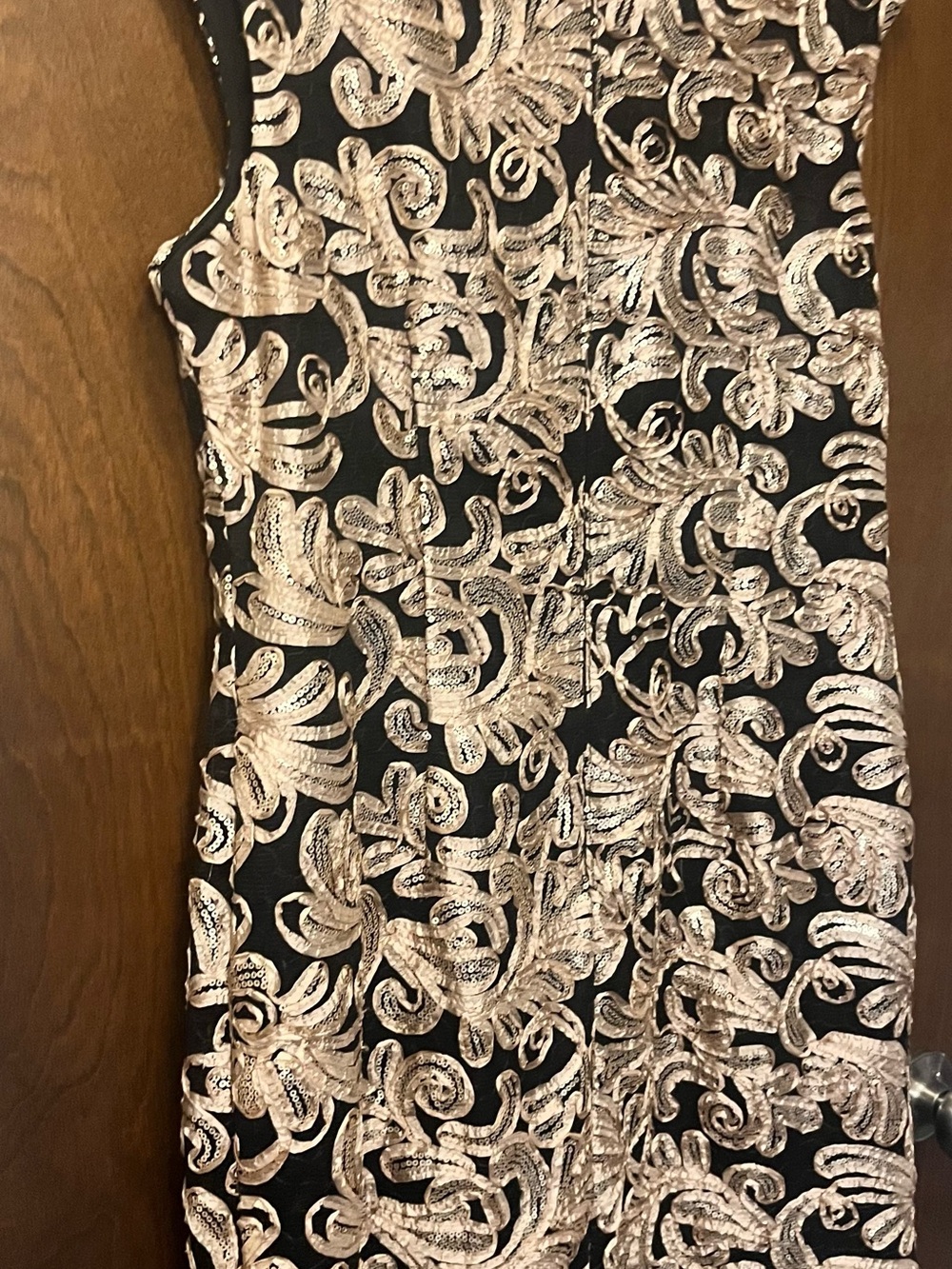 Betsy & Adam Black Dress with Rose Gold Floral Swirl